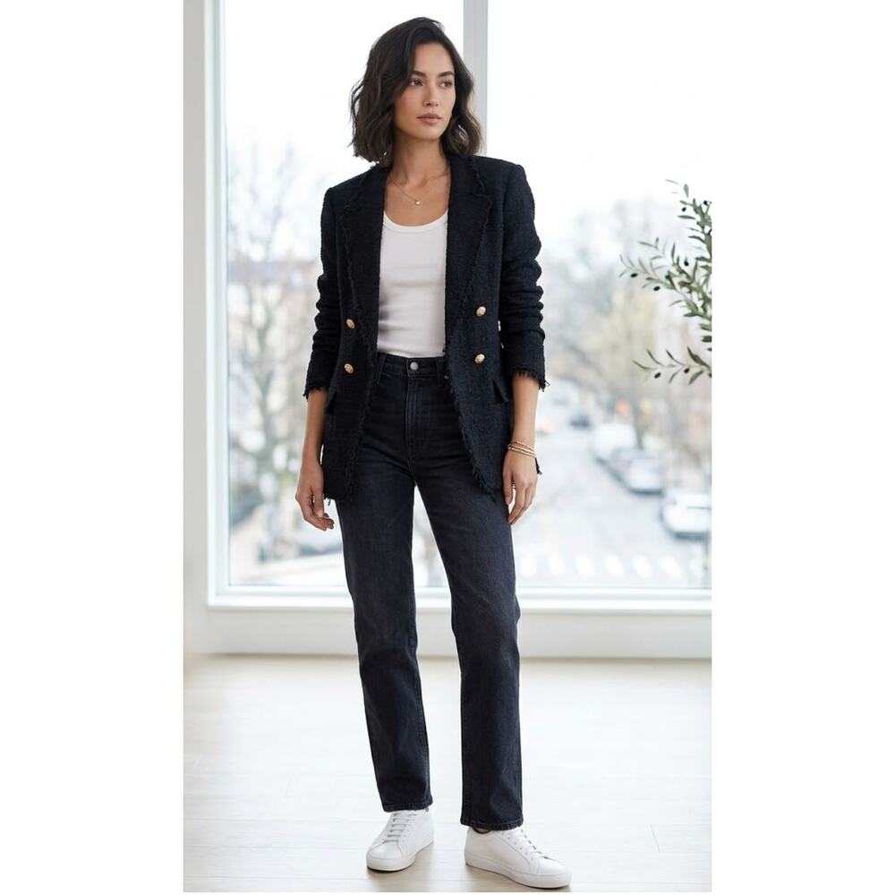 FRAME Le Slim-Fit Tweed Boucle Raw Edge Blazer Jacket Gold Buttons Sz 10 NWOT
